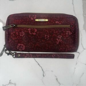 Travelon RFID Blocking Zip-Around Wristlet Wallet - Burgundy Floral Leopard